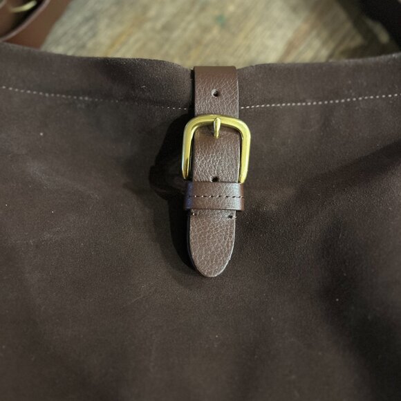 Land’s End Brown Suede Hobo Bag Leather Trim Gold Hardware Boho Slouchy Tote - Picture 4 of 8
